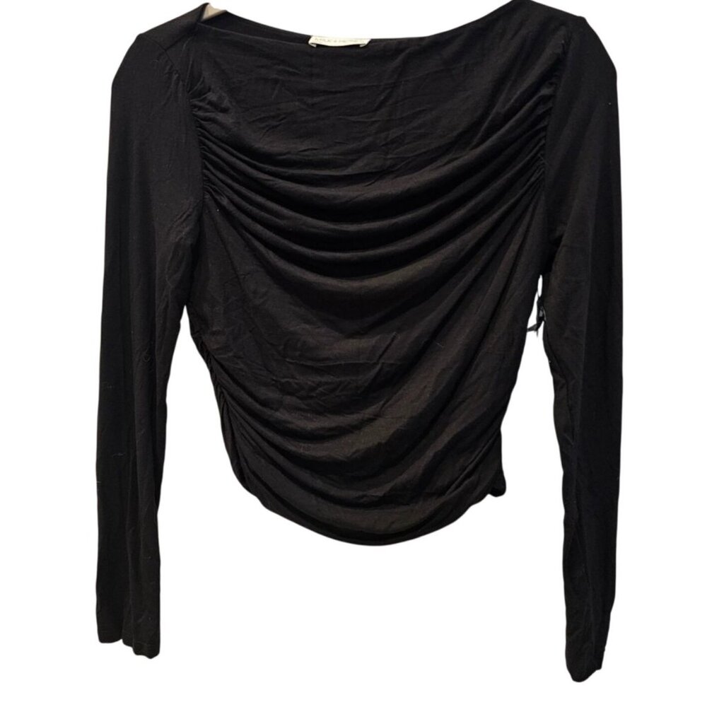 Milk + Honey Black Long-Sleeve Ruched Blouse Juniors Sz L Rayon/Spandex NWT
